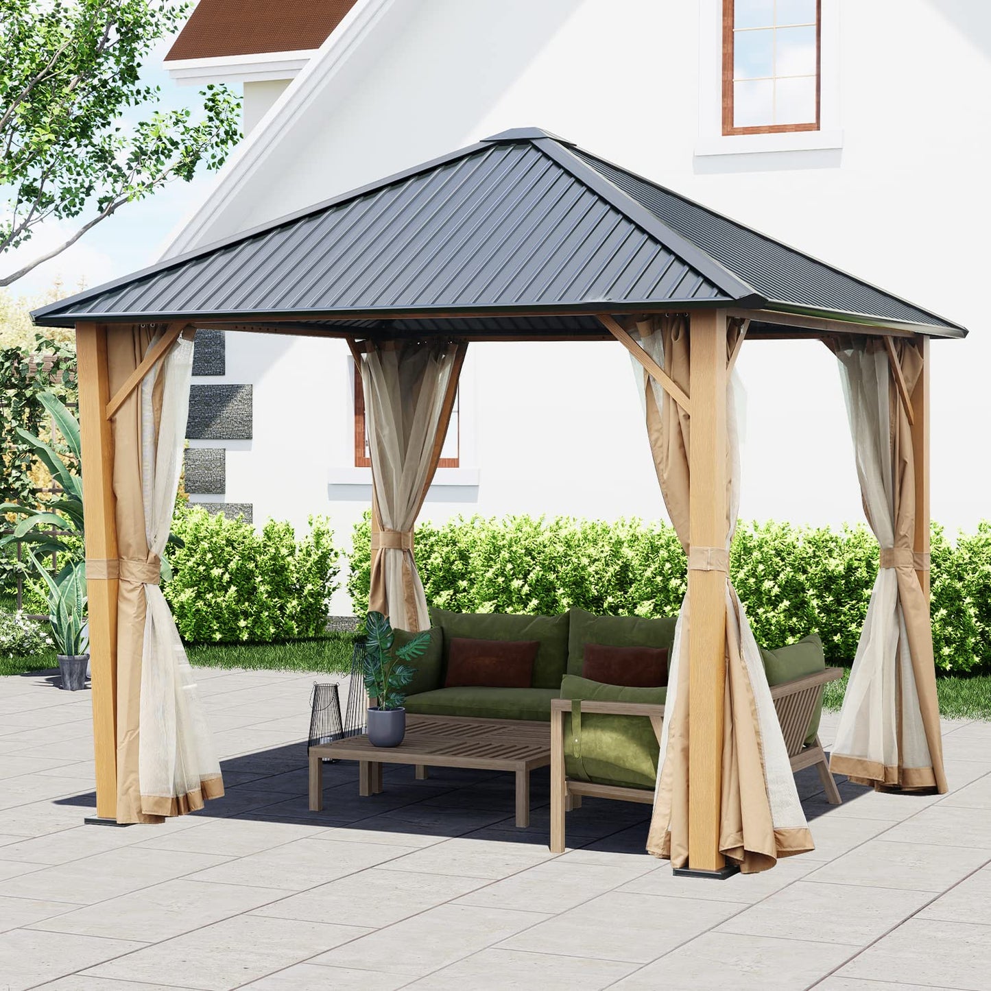 Aoodor 10 x 10 ft. Wooden Finish Coated Aluminum Frame Gazebo with Hardtop Roof, Outdoor Gazebos with Curtains and Nettings, for Patio Backyard Deck