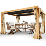 HAPPATIO Louvered Pergola 10x13 Outdoor Pergola, Woodgrain-Look Metal Pergola with Adjustable Rainproof Roof, Patio Pergola with Curtains and HAPPATIO