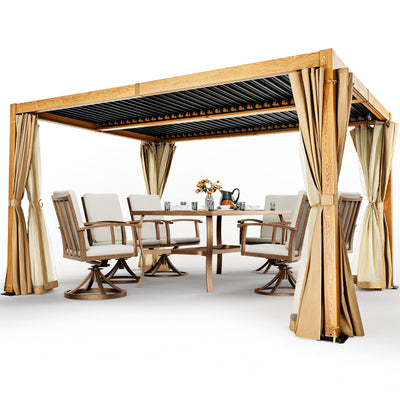 HAPPATIO Louvered Pergola 10x13 Outdoor Pergola, Woodgrain-Look Metal Pergola with Adjustable Rainproof Roof, Patio Pergola with Curtains and