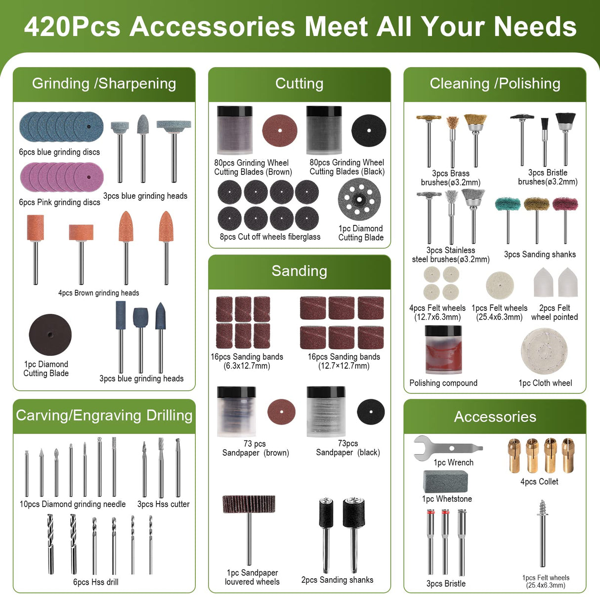 PHALANX Rotary Tool Accessory Kit, 420 Pcs Accessories Kit, 1/8"(3.2mm) Diameter Shanks, Universal Fitment All Rotary Tool for Easy Cutting, Sanding, PHALANX