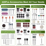 PHALANX Rotary Tool Accessory Kit, 420 Pcs Accessories Kit, 1/8"(3.2mm) Diameter Shanks, Universal Fitment All Rotary Tool for Easy Cutting, Sanding, PHALANX