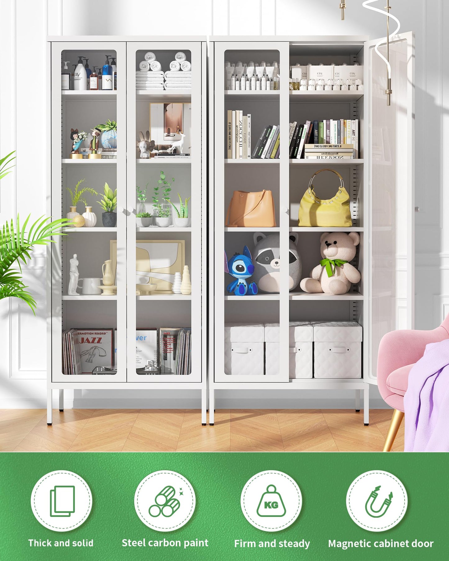 Greenvelly White Metal Storage Cabinet, Tall Curio Display Glass Cabinet Bookcase with 2 Glass Doors and 4 Shelves, Modern Floor Utility Locker for