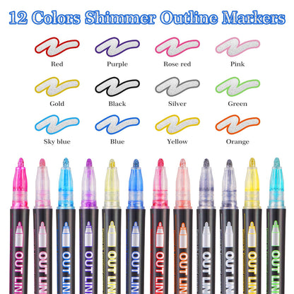  Shimmer Markers Doodle Dazzles for Scrapbook, 12 Colors  Outline Markers for Kids, Double Line Glitter Pens, Metallic Markers  Sparkly for Drawing, Arts Crafts Girls Ages 8-12 Adult Coloring Book 