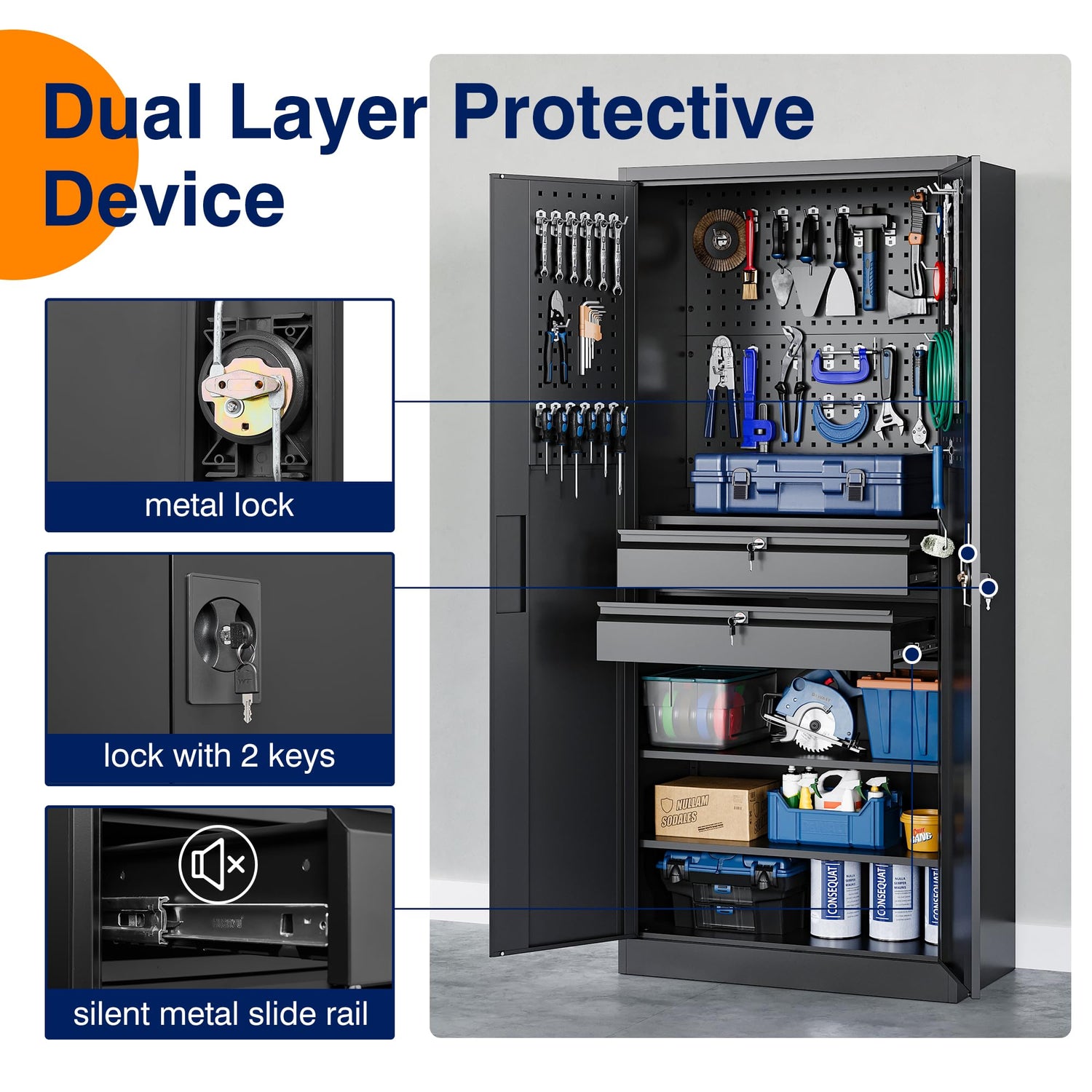 Yizosh Metal Garage Storage Cabinet with Locking Doors and Drawers, Heavy Duty Steel Tool Cabinet with Pegboard, 71" - Lockable Cabinets for Garage, Yizosh