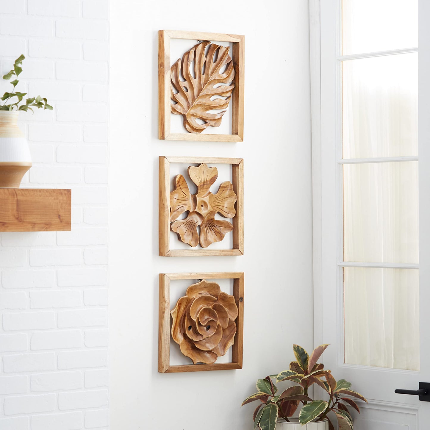 Deco 79 Teak Wood Floral Handmade Framed Carved Leaf and Wall Decor, Set of 3 14", 14", 15" W, Brown