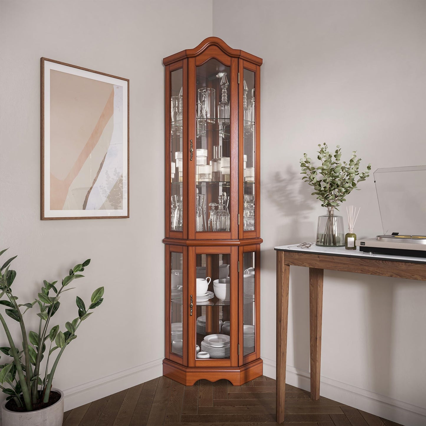 BELLEZE Lighted 3-Side Glass Display Curio Cabinet w/Tempered Glass Doors and Shelves, Curved Wood Corner Cabinet with Bulb, Corner Storage