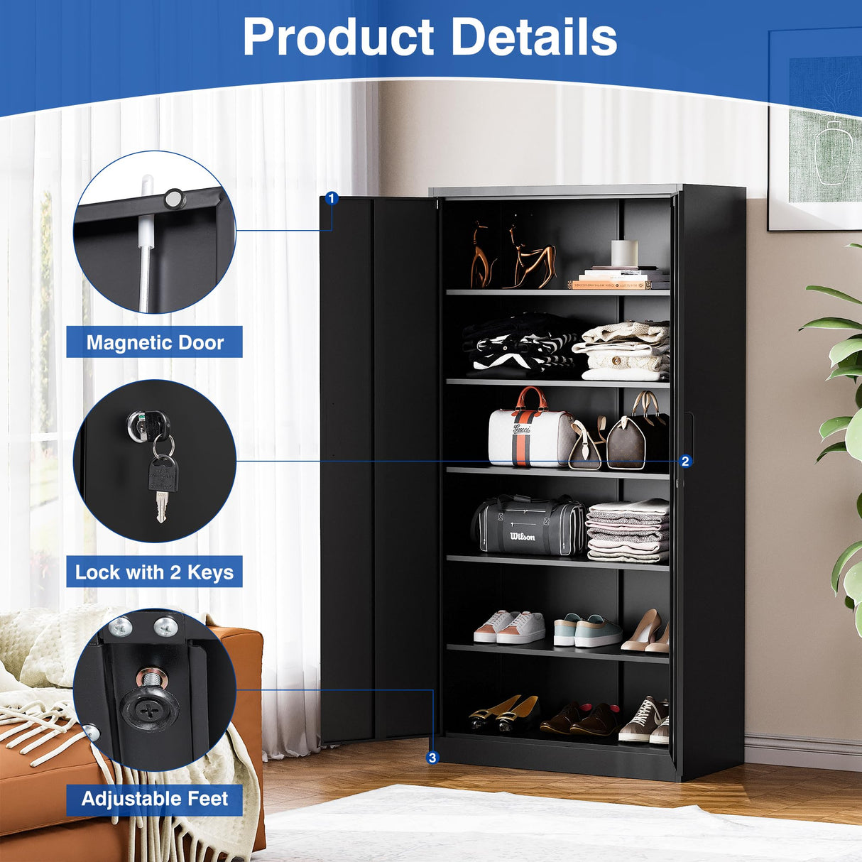 BYNSOE Metal Garage Storage Cabinet with Lock and 5 Adjustable Shelves, Steel Tool Cabinets with Locking Door for Home, School, Office, Garage BYNSOE
