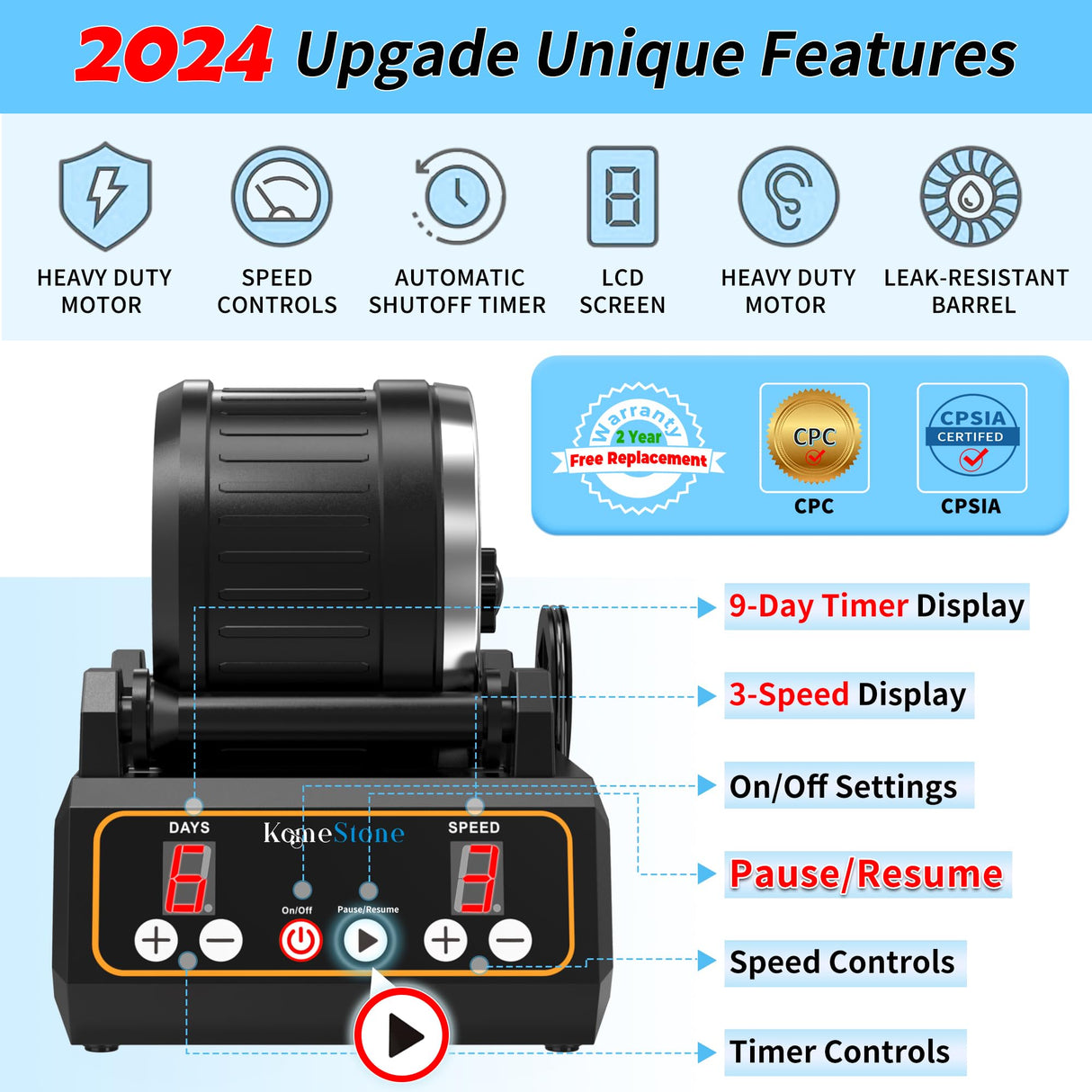 KomeStone Rock Tumbler Kit, K1 Professional Large 2.5LB Capacity Edition - Memory Function, Digital Timer & Variable Speeds: Create Stunning Gems KomeStone