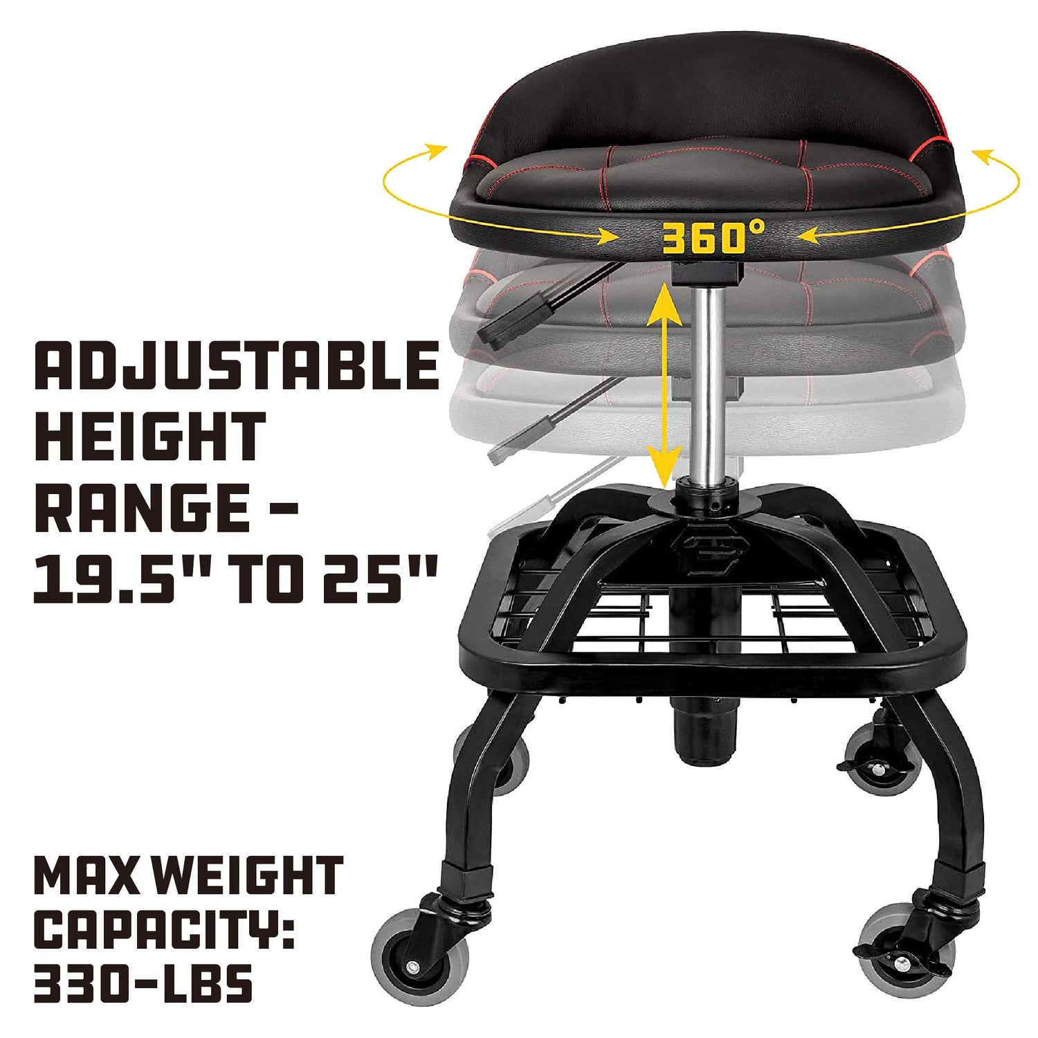 Powerbuilt Rolling Stool Shop Seat with Padding and Lumbar Support, Garage, 330 Pound Capacity - 240338, Black Powerbuilt