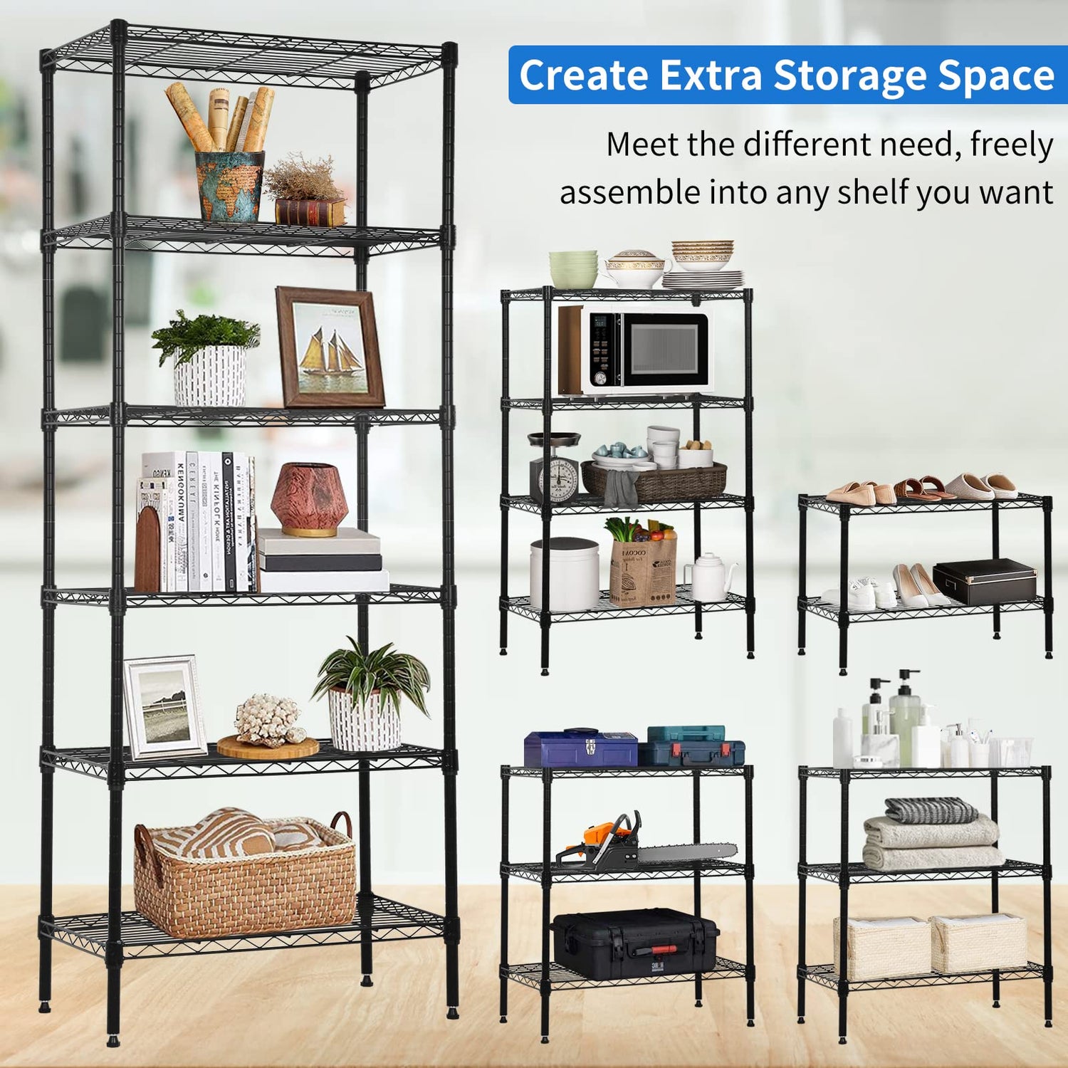 YYkokocat 6-Tier Wire Shelving Unit Detachable Storage Shelves with 8 Adjustable Feet 59" H x 23" x 13" Kitchen Storage Rack Adjustable Metal Shelf YYkokocat