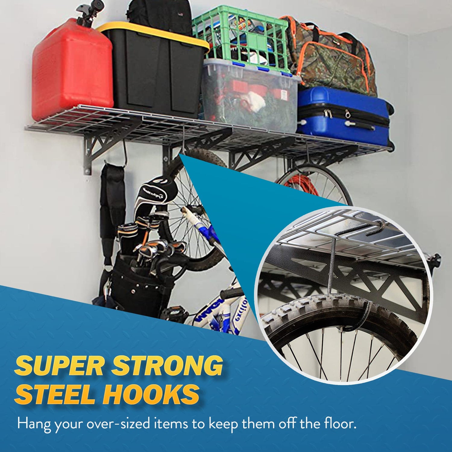 MonsterRax | Garage Wall Shelf Two-Pack White or Hammertone | Three Size Options | Includes Bike Hooks | 500lb Weight Capacity (Hammertone, 18"x36") MonsterRax