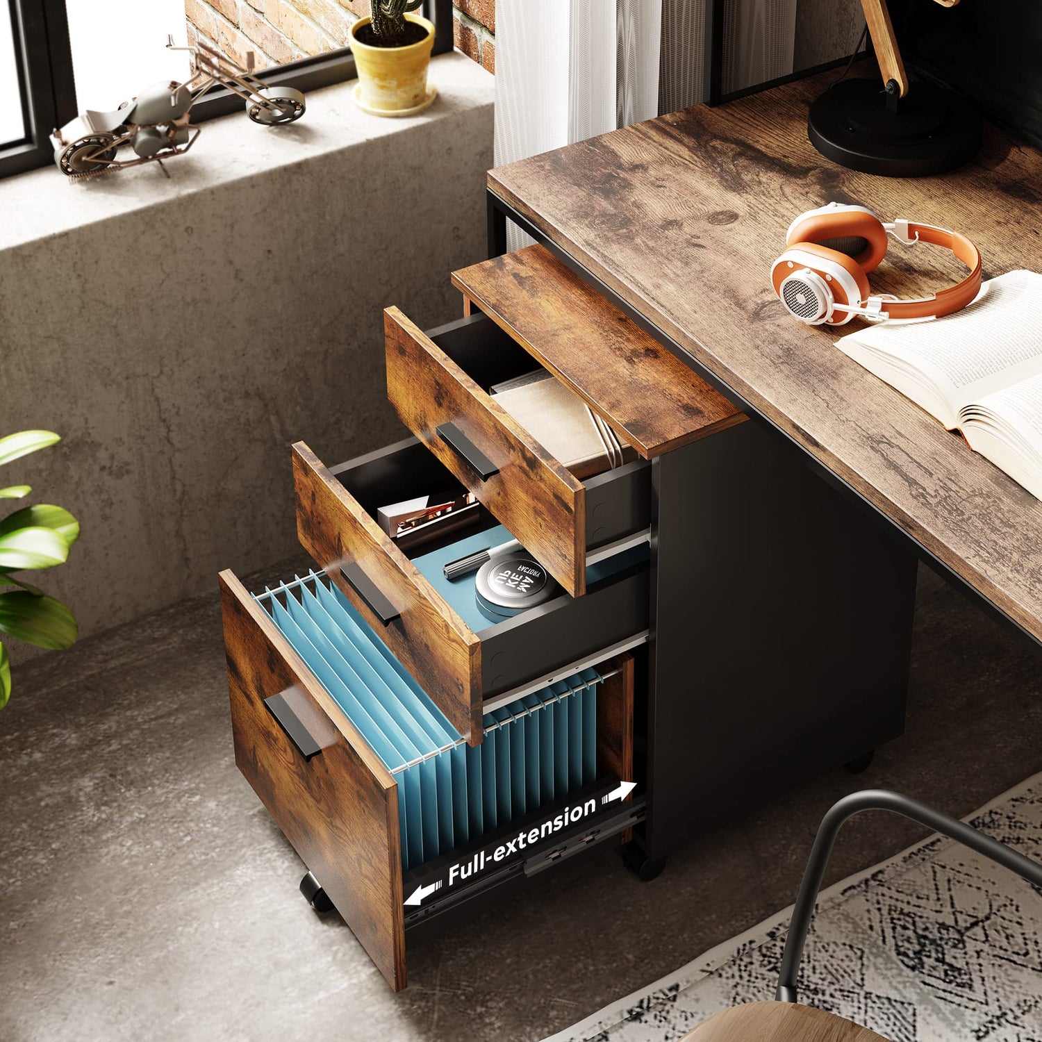 DEVAISE 3 Drawer Wood Mobile File Cabinet, Rolling Filing Cabinet for Letter/A4 Size, Rustic Brown DEVAISE