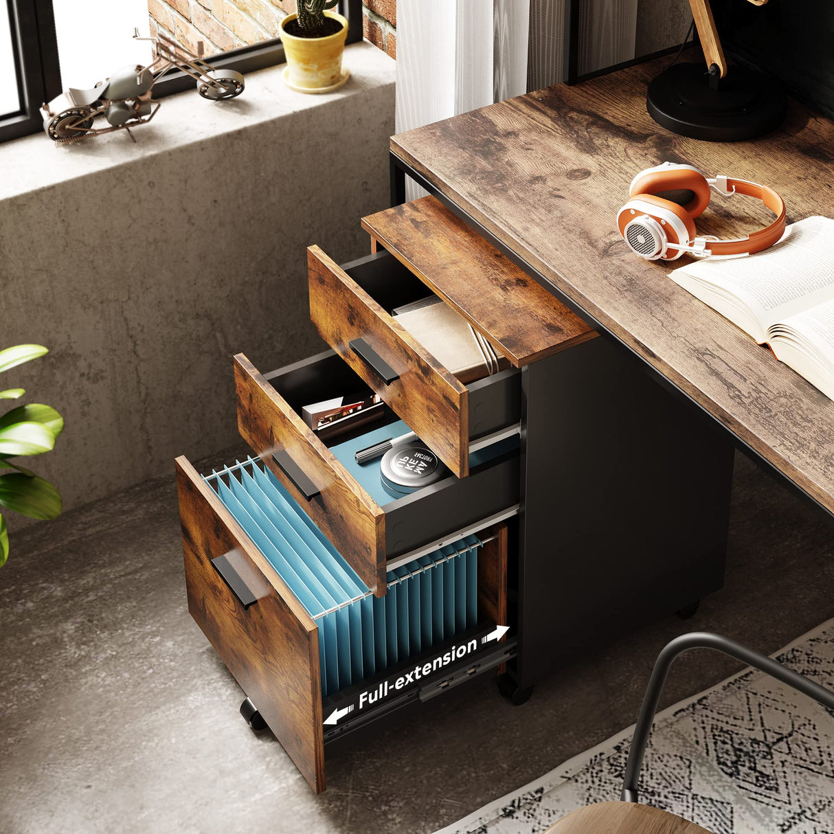 DEVAISE 3 Drawer Wood Mobile File Cabinet, Rolling Filing Cabinet for Letter/A4 Size, Rustic Brown DEVAISE