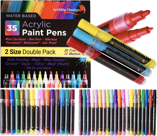 ArtShip Design 35 Premium Acrylic Paint Pens, Double Pack of Both Extra Fine and Medium Tip, for Rock Painting, Mug, Ceramic, Glass, and Fabric - WoodArtSupply