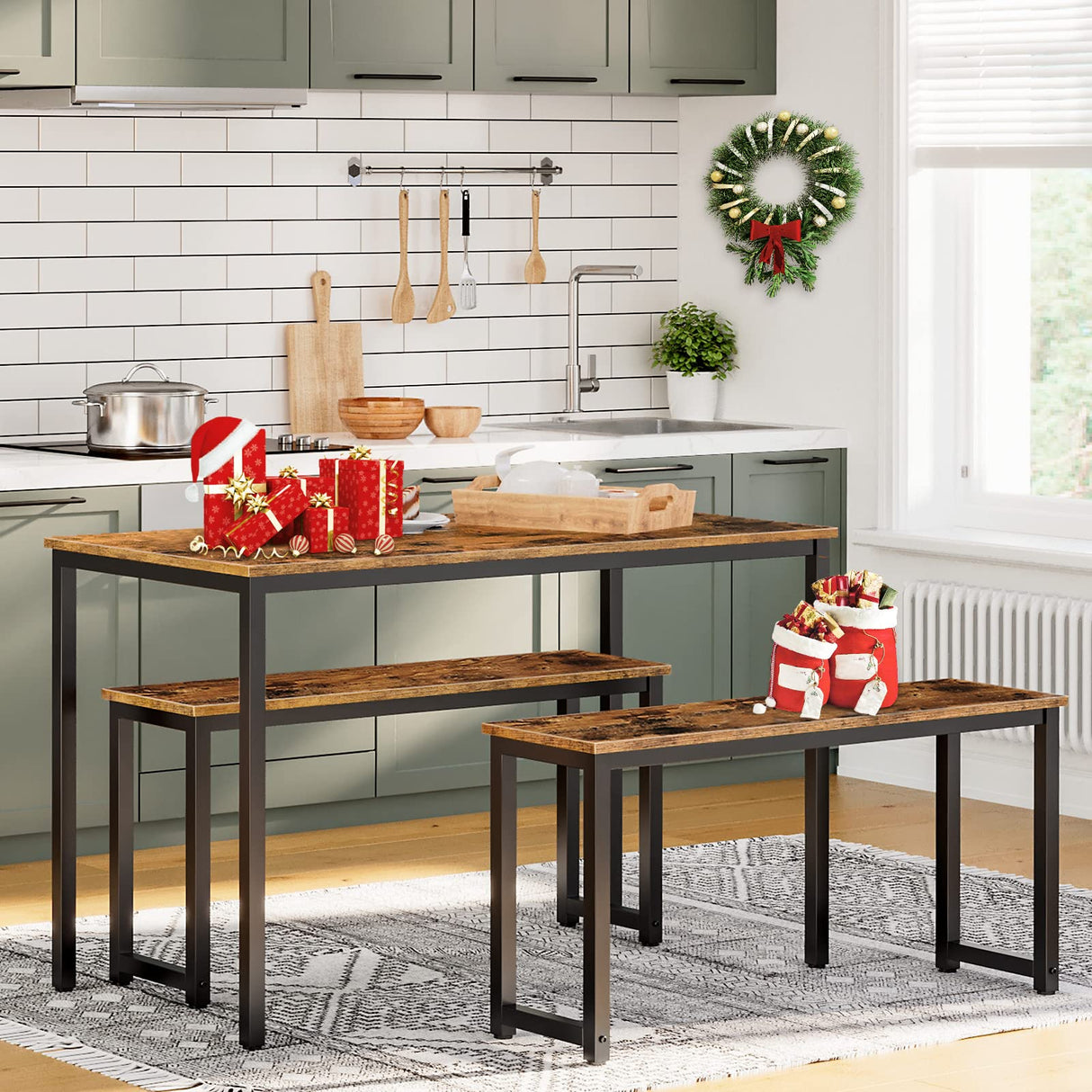 HOOBRO Dining Benches, Pair of 2 Benches, Industrial Style Indoor Benches, Durable Metal Frame, for Kitchen, Dining Room, Living Room, Rustic Brown HOOBRO