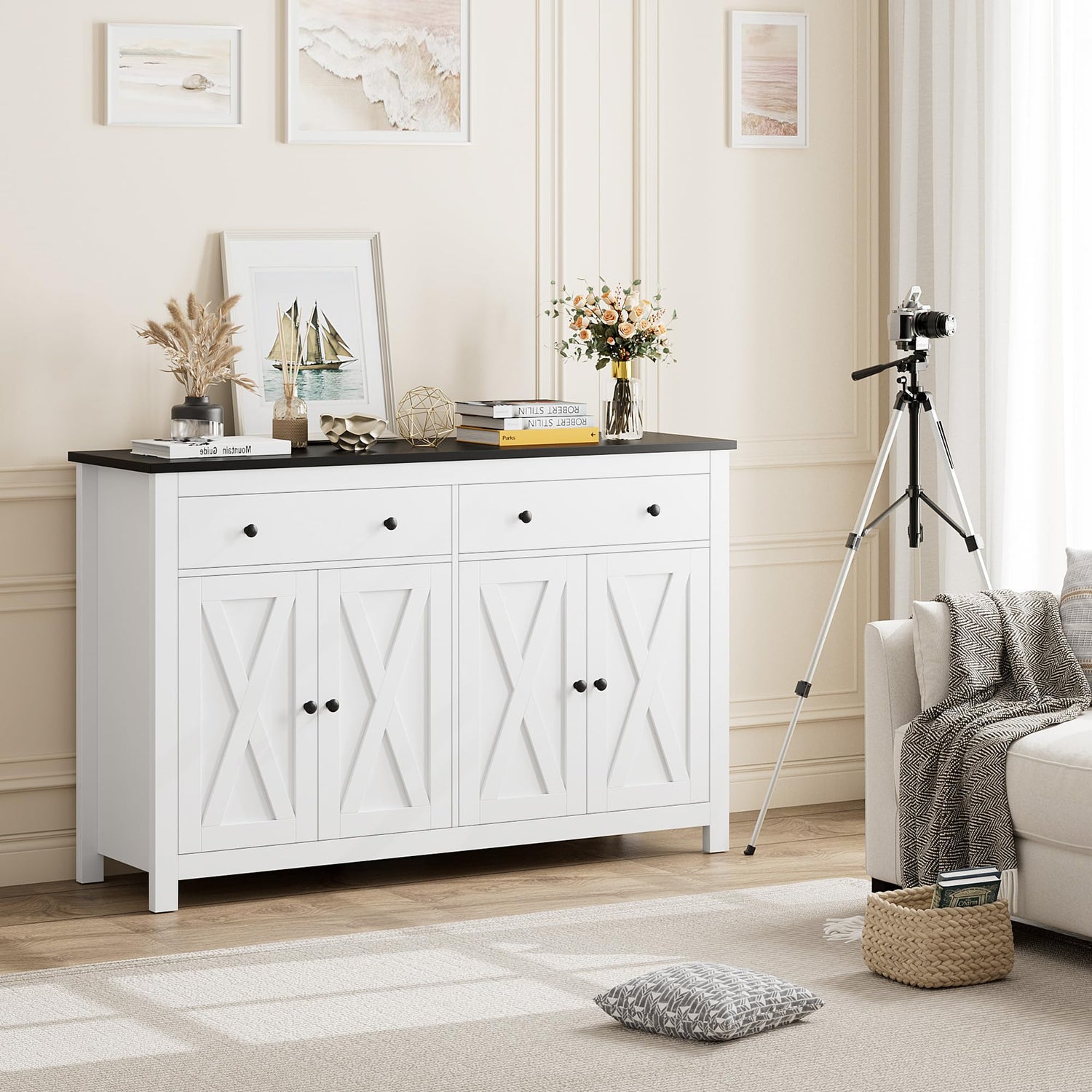 FOTOSOK Sideboard Buffet Cabinet with Storage, 55" Large Kitchen Storage Cabinet with 2 Drawers and 4 Doors, Wood Coffee Bar Cabinet Buffet Table for FOTOSOK