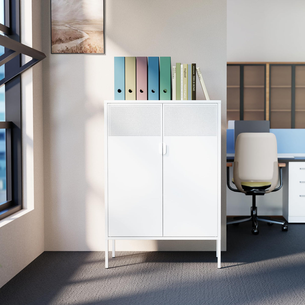 Washsemba Metal Storage Cabinet with Doors and Shelves, White Metal Cabinet, 3-Tier Office Cabinet,Metal Locker Storage Cabinet for Office, Home, Washsemba