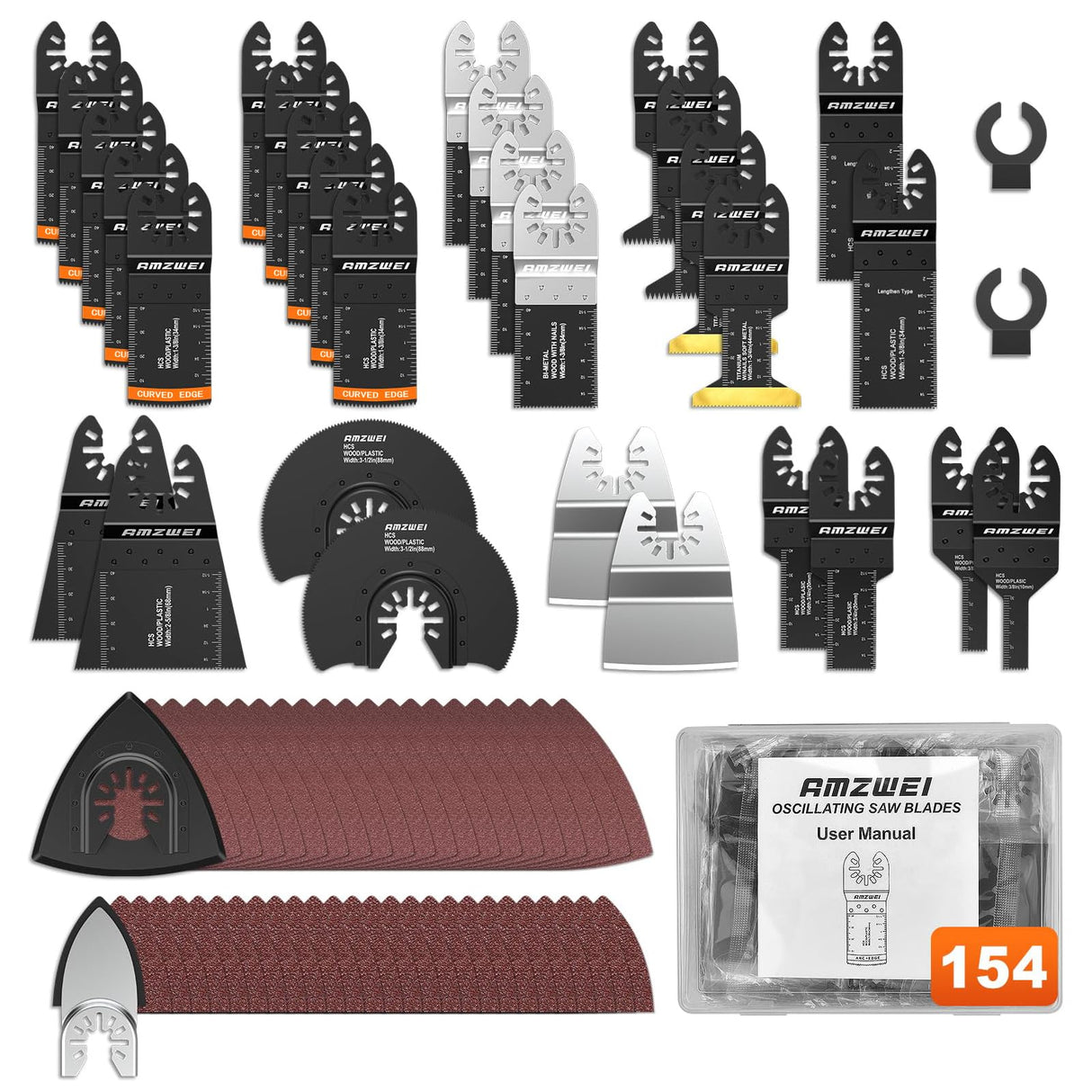 AMZWEI 154 Metal Wood Oscillating Tool Blade, Titanium Oscillating Saw Blades with Sandpaper, Quick Release Multi Tool Blades Kits for Dewalt Ryobi AMZWEI