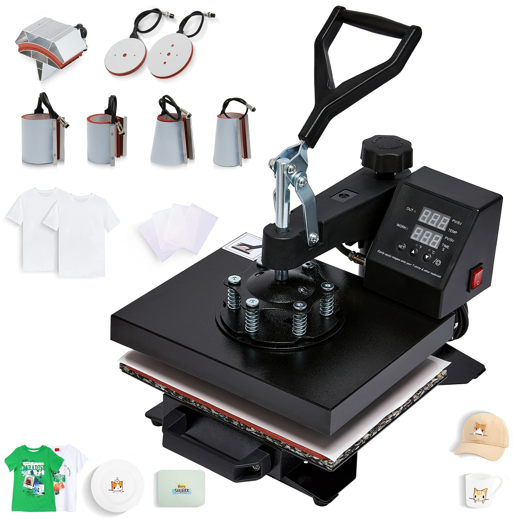 CO-Z Heat Press Machine, 8 in1 Swing Away Flat Plate Cap Mug Press Set, Professional Heat Press for T Shirts Hats Bags Tile More, Shirts Transfer - WoodArtSupply