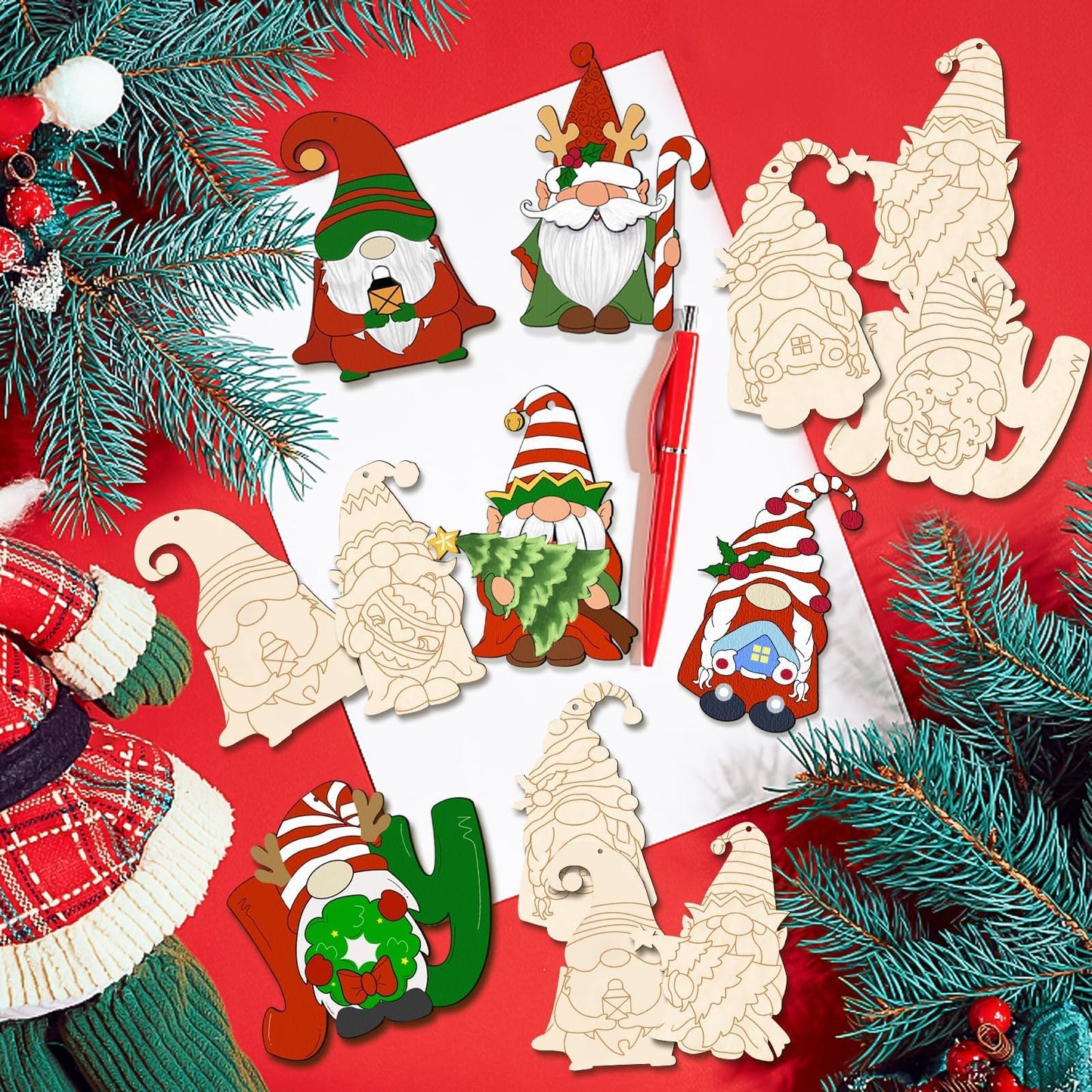 kockuu Christmas Gnome Wooden Ornaments for Tree - 24Pcs Unfinished Blank Wood Gnome Cutout Slices with Line Draft for Kids DIY Craft Making Painting
