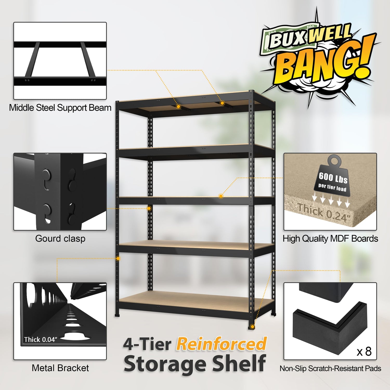 BuxWellBang 48" W x 24" D x 72" H Adjustable Garage Storage Shelves - 5-Shelf Heavy Duty Shelving Unit, Metal Utility Storage Organizer Racks for BuxWellBang