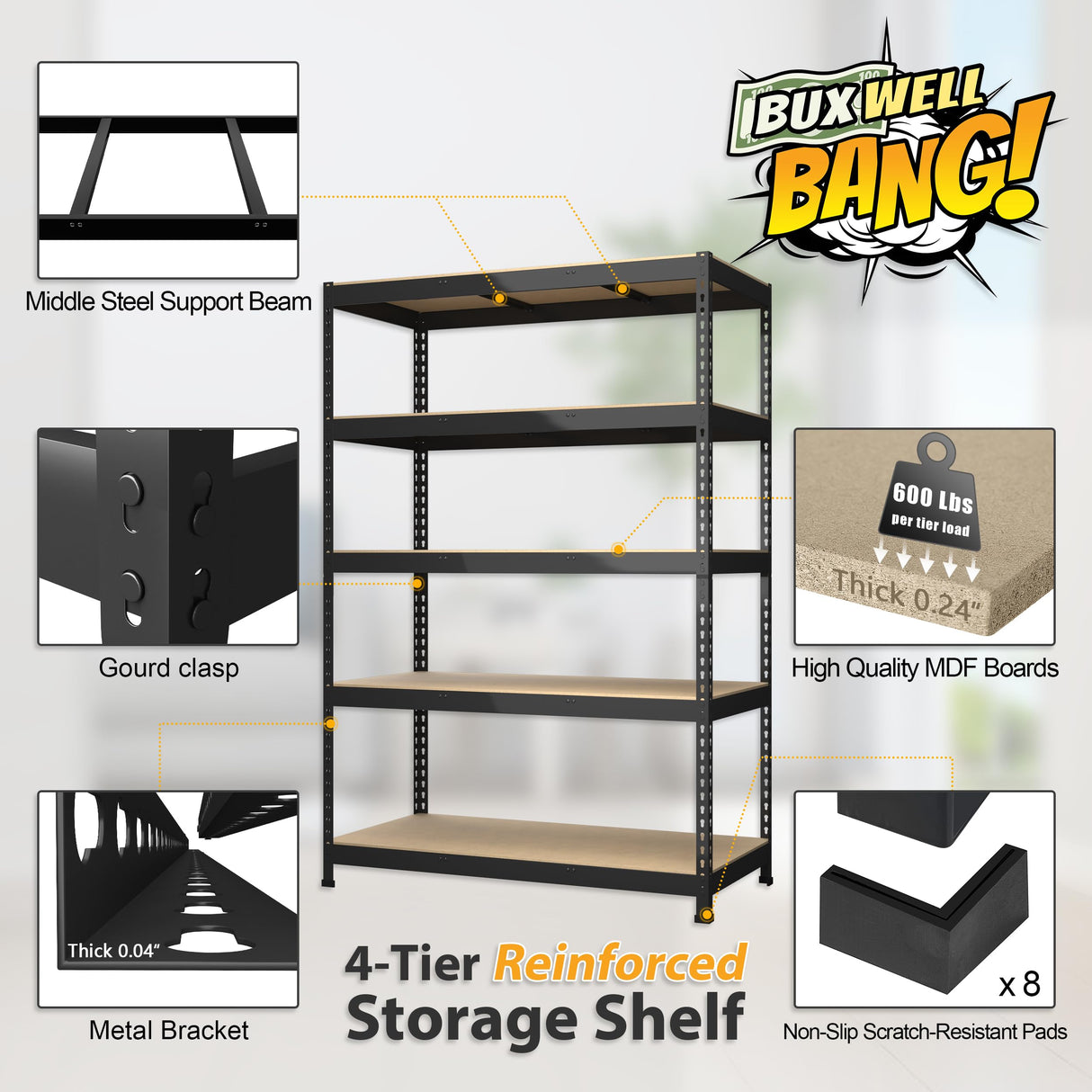 BuxWellBang 48" W x 24" D x 72" H Adjustable Garage Storage Shelves - 5-Shelf Heavy Duty Shelving Unit, Metal Utility Storage Organizer Racks for BuxWellBang