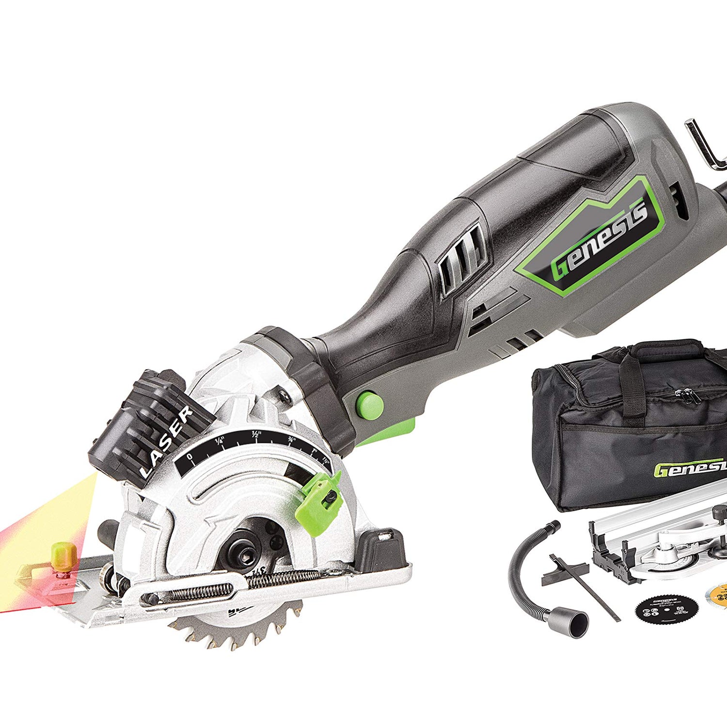 Genesis GPCS535CK 5.8 Amp 3 1/2” Control Grip Plunge Compact Circular Saw Kit with Laser, Miter Base, 3 Assorted Blades, Vacuum Adapter Hose, Rip Genesis