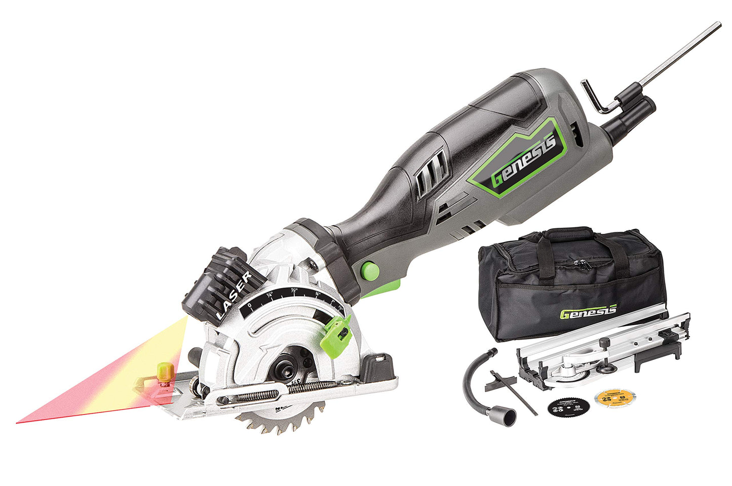 Genesis GPCS535CK 5.8 Amp 3 1/2” Control Grip Plunge Compact Circular Saw Kit with Laser, Miter Base, 3 Assorted Blades, Vacuum Adapter Hose, Rip