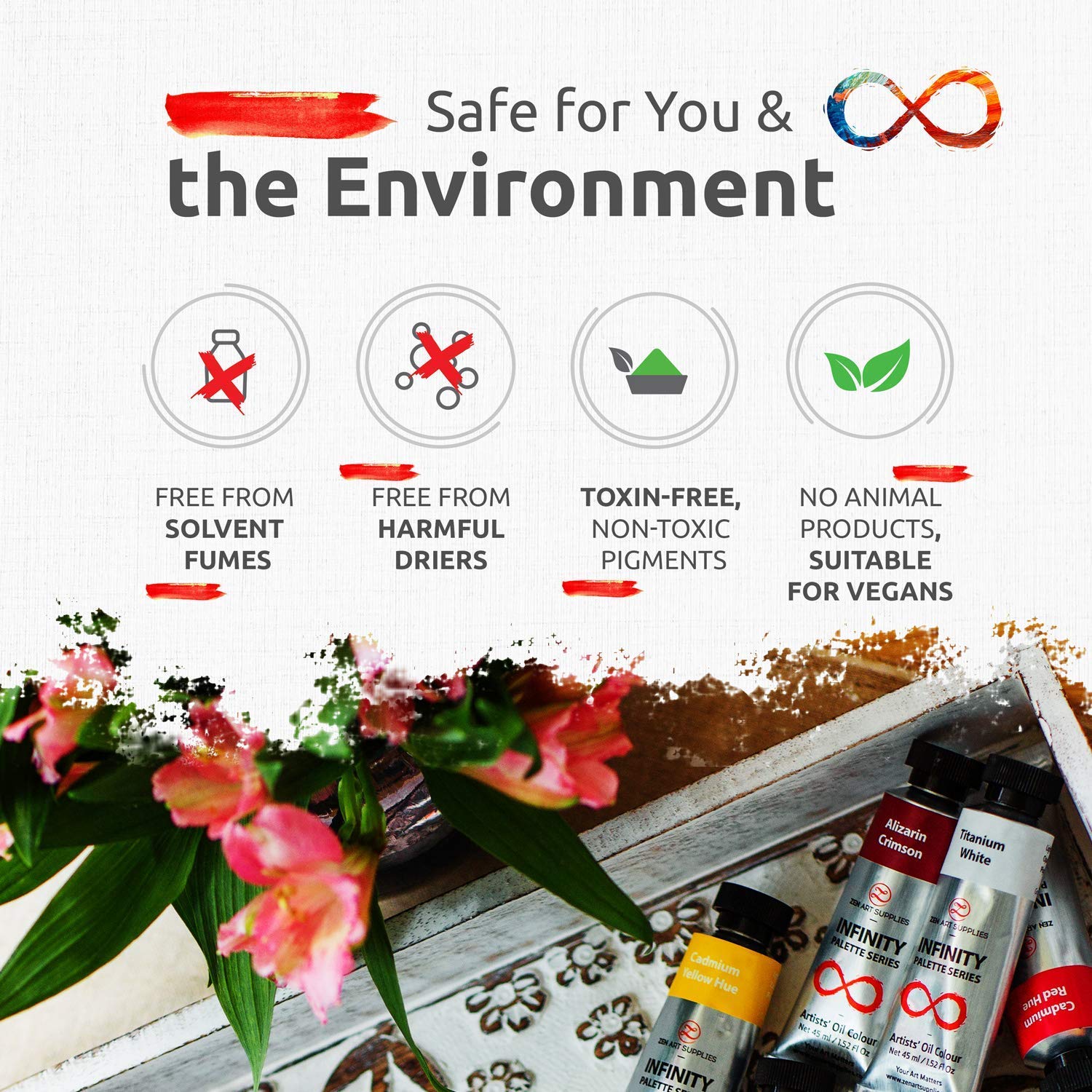 ZenART Non-Toxic Oil Paint Set for Professional Artists - 2 x 8 x 45ml Tubes - Bundle of Portrait, and Essential Palette of Eco-friendly Paint with ZenART Supplies