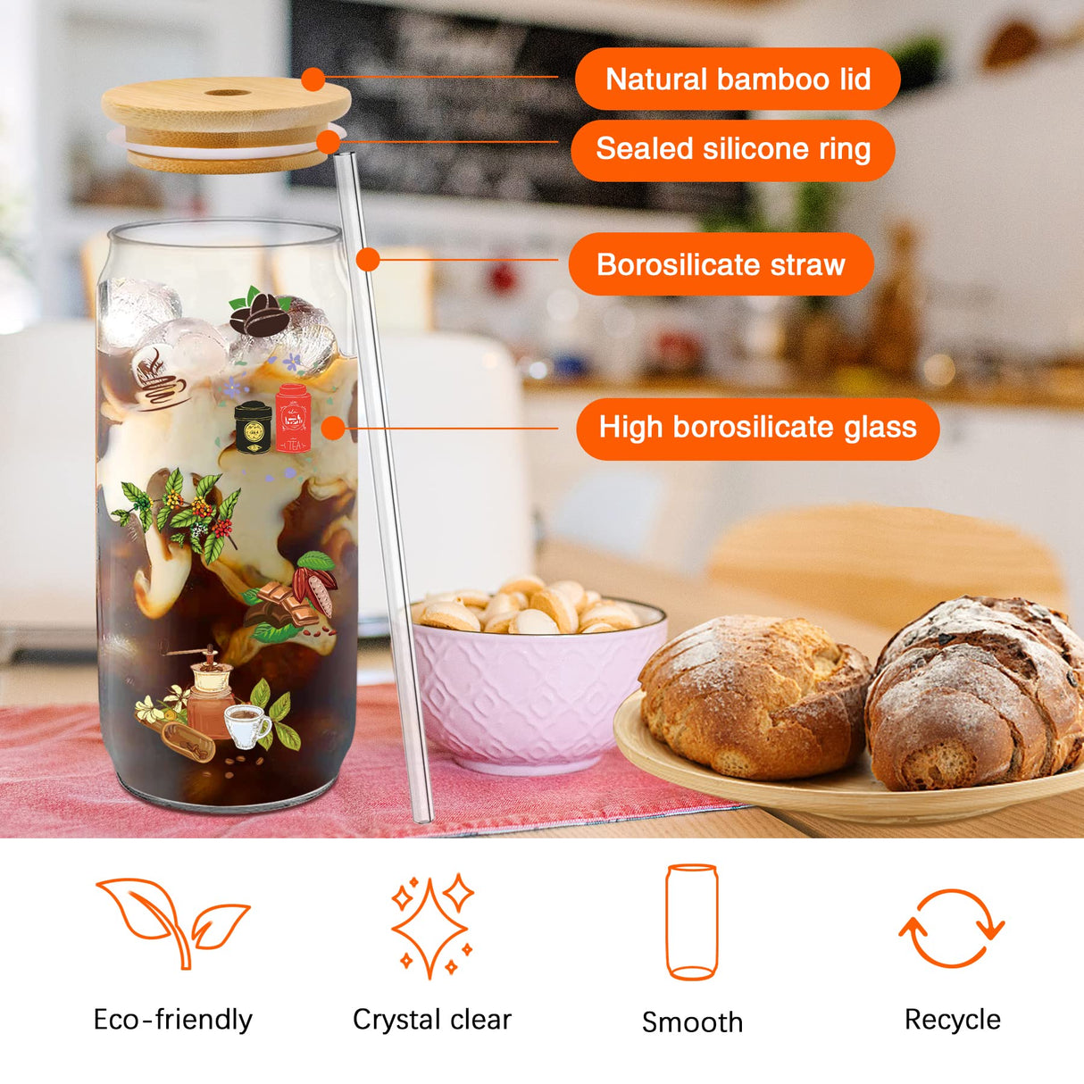 PeacePeo Glass Cups with Lids and Straws 20Pcs 16oz Ice Coffee Cup Skinny and Long Can Beer Cups Glass Set Drinking Glasses with Bamboo Lids Reusable PeacePeo