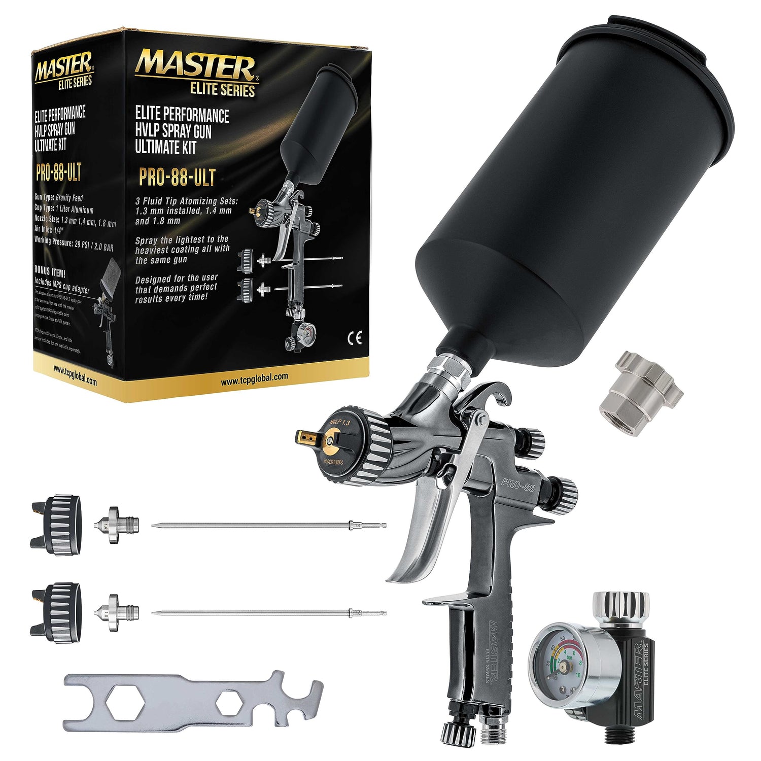 Master Elite Performance PRO-88 Series HVLP Spray Gun Ultimate Kit with 3 Fluid Tip Sets 1.3, 1.4 and 1.8mm and Air Pressure Regulator Gauge, MPS Cup Master Airbrush