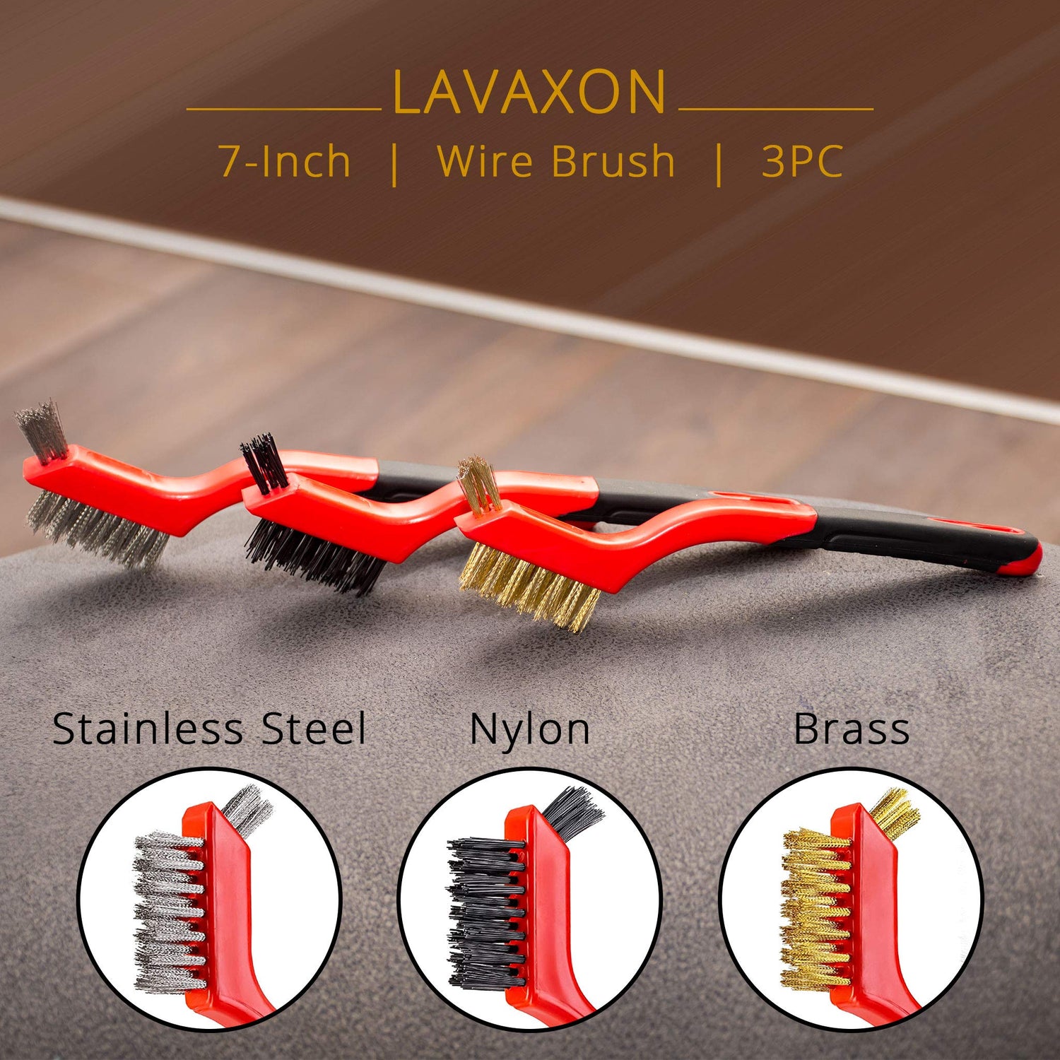 Lavaxon Wire Brush Set 3Pcs - Nylon/Brass/Stainless Steel Bristles with Curved Handle Grip for Rust, Dirt & Paint Scrubbing with Deep Cleaning – 7 Lavaxon