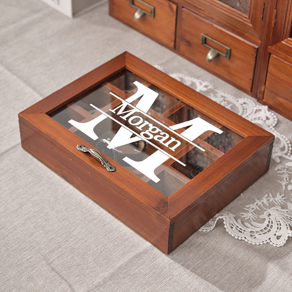 Personalized Wooden Jewelry Box Organizer for Men Custom Gifts for Dad Husband Grandpa Boyfriend Customized Watch Jewelry Storage Box with Initial Generic