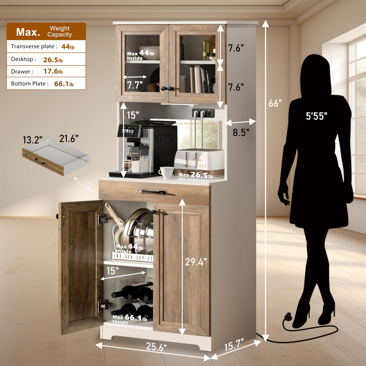 Kitchen Pantry Cabinet, Farmhouse Sideboard Buffet Cabinet with Charging Station and LED Light, Freestanding Kitchen Hutch Storage Cabinet with NEWOWNDS