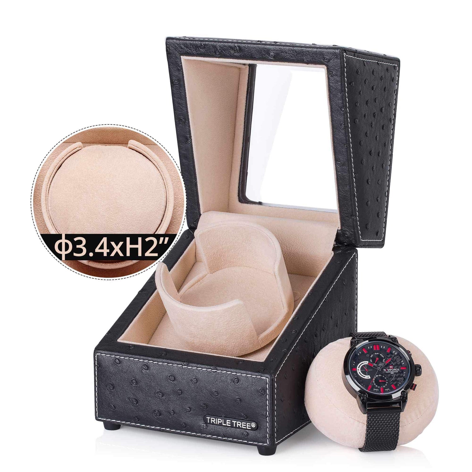 TRIPLE TREE Single Watch Winder Newly Upgraded, with Flexible Plush Pillow, in Wood Shell and Black Leather, Japanese Motor, 4 Rotation Mode Setting, TRIPLE TREE
