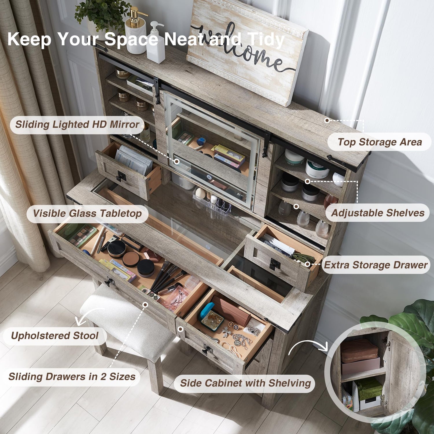 T4TREAM Farmhouse Makeup Vanity Desk with Sliding Mirror and Lights, 42'' Glass Tabletop Vanity Table with 2 Drawers & Shelves, Rustic Big Vanity Set T4TREAM