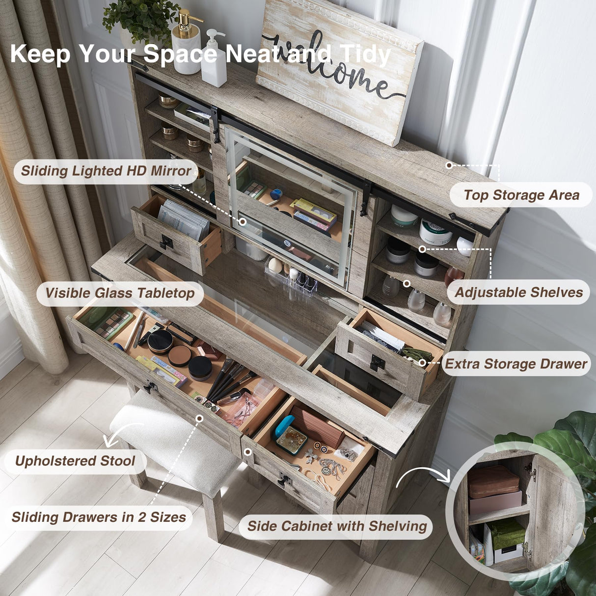 T4TREAM Farmhouse Makeup Vanity Desk with Sliding Mirror and Lights, 42'' Glass Tabletop Vanity Table with 2 Drawers & Shelves, Rustic Big Vanity Set T4TREAM