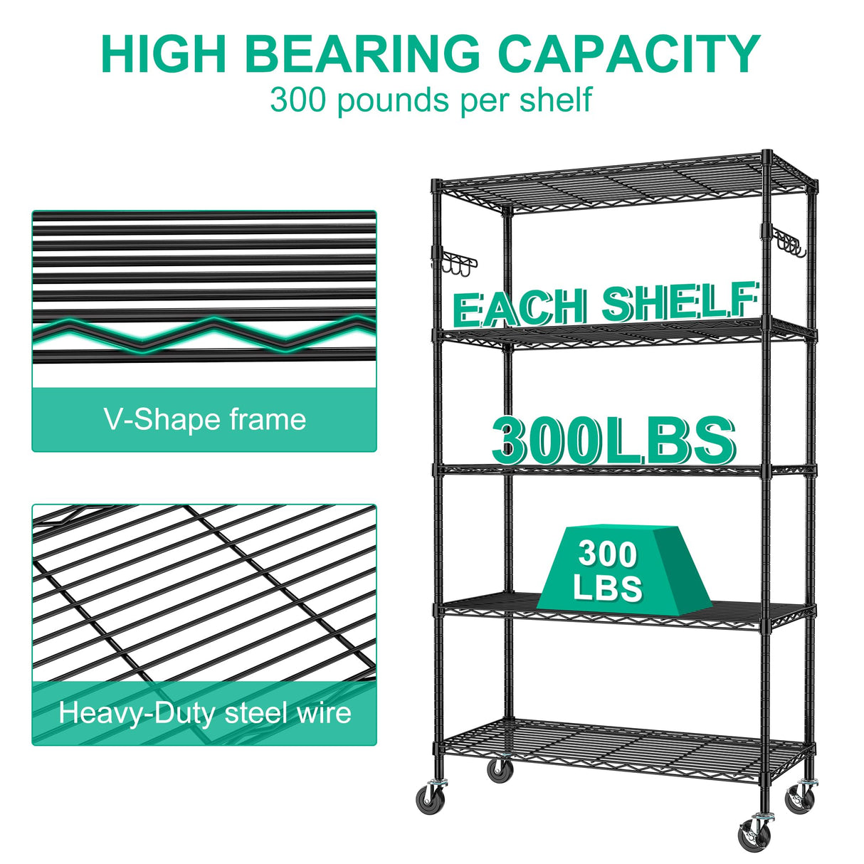 Folews 5 Tier Storage Shelves with Wheels - Metal Shelves for Storage Adjustable Wire Shelving Unit Organizer Storage Rack Shelf for Kitchen Garage Folews