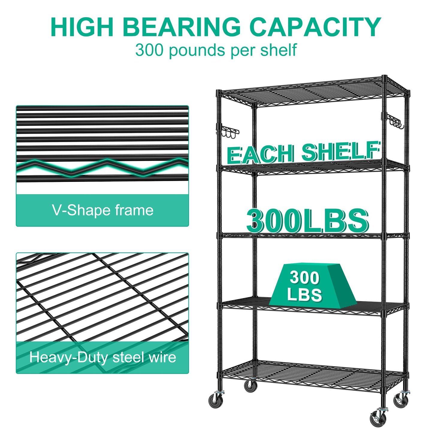 Folews 5 Tier Storage Shelves with Wheels - Metal Shelves for Storage Adjustable Wire Shelving Unit Organizer Storage Rack Shelf for Kitchen Garage - WoodArtSupply