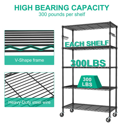 Folews 5 Tier Storage Shelves with Wheels - Metal Shelves for Storage Adjustable Wire Shelving Unit Organizer Storage Rack Shelf for Kitchen Garage - WoodArtSupply