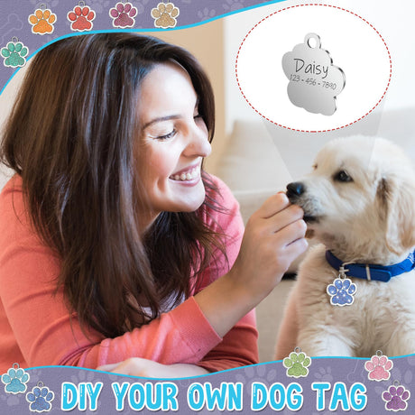 Abbylike 60 Pcs Personalized Dog Tags Blank Pet ID Tags Custom Glitter Paw Pet Tag Cute Metal Cat Name Tag Small DIY Engraved Puppy Name Tag for Dogs Abbylike