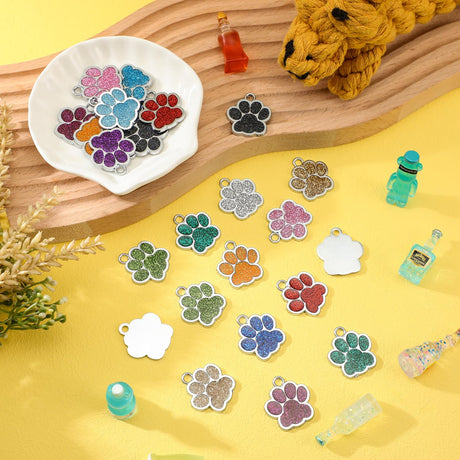 Abbylike 60 Pcs Personalized Dog Tags Blank Pet ID Tags Custom Glitter Paw Pet Tag Cute Metal Cat Name Tag Small DIY Engraved Puppy Name Tag for Dogs Abbylike