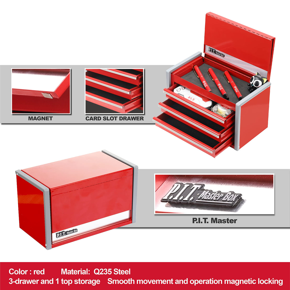 P.I.T. Mini Red Tool Box, Portable 3 Drawer Steel Tool Box with Magnetic Tab Locking, Red Micro Top Chest with Liner for Tools Storage, Home DIY P.I.T.