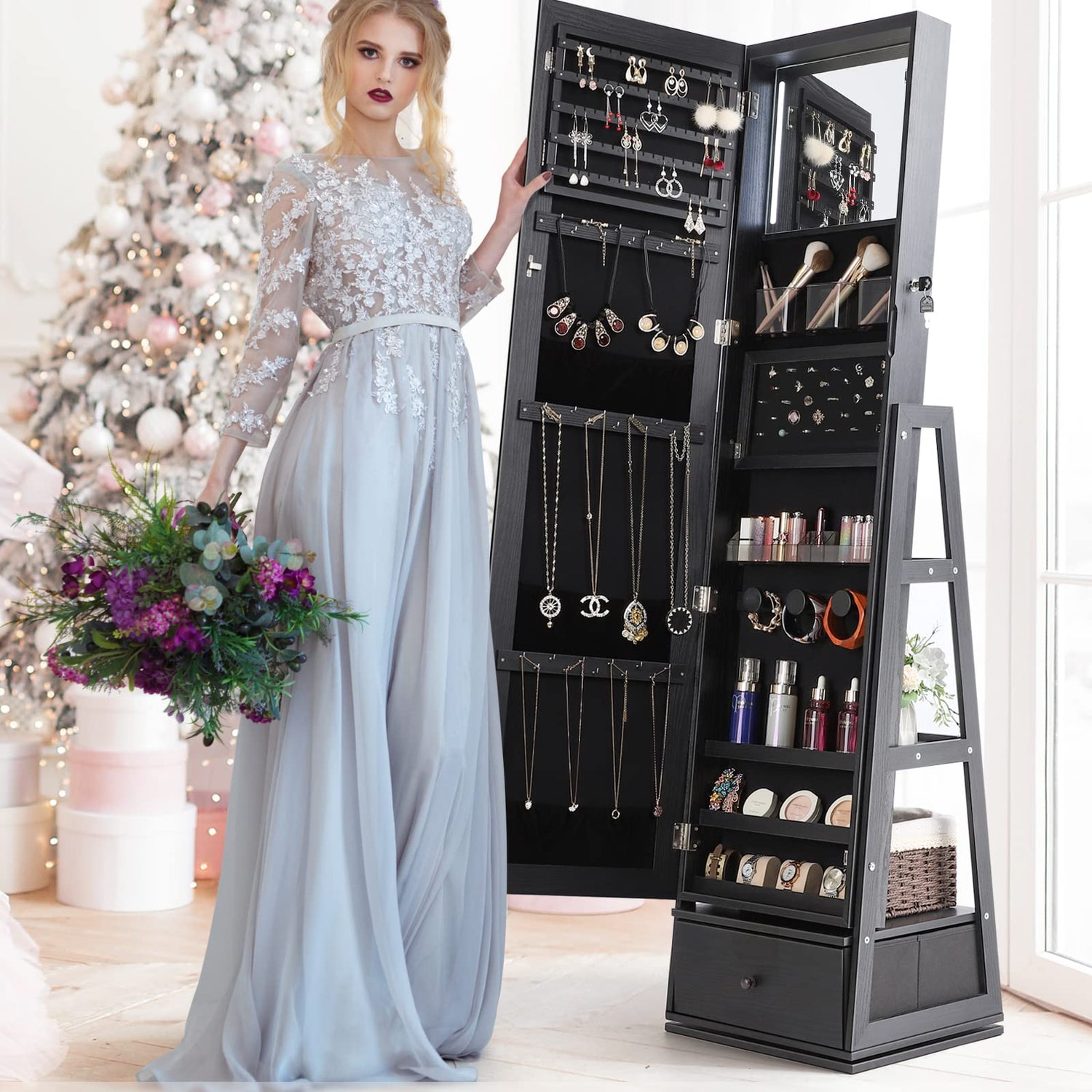 Nicetree 360° Swivel Jewelry Cabinet with Lights, Touch Screen Vanity Mirror, Rotatable Full Length Mirror with Jewelry Storage, Standing Jewelry Nicetree