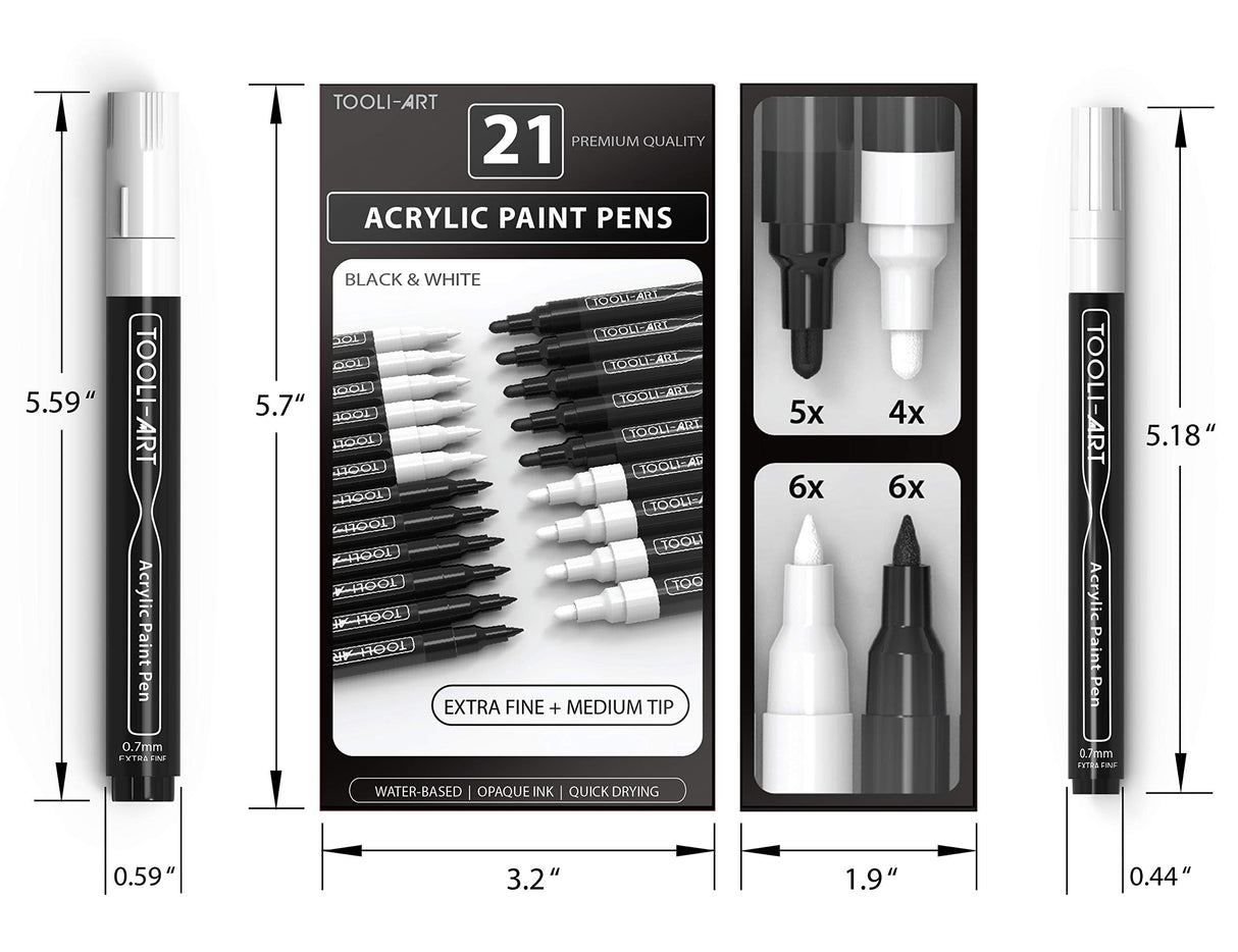 TOOLI-ART Black And White Acrylic Paint Markers Paint Pens Set For Rock Painting, Canvas, Mugs, Metal, Glass Paint, Fabric, Wood, DIY. Non Toxic, TOOLI-ART