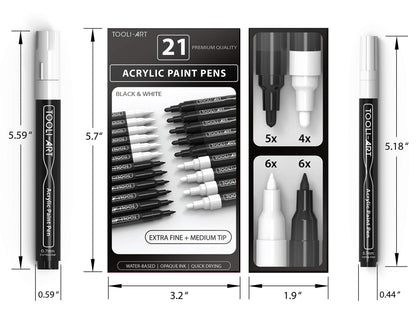 TOOLI-ART Black And White Acrylic Paint Markers Paint Pens Set For Rock Painting, Canvas, Mugs, Metal, Glass Paint, Fabric, Wood, DIY. Non Toxic,
