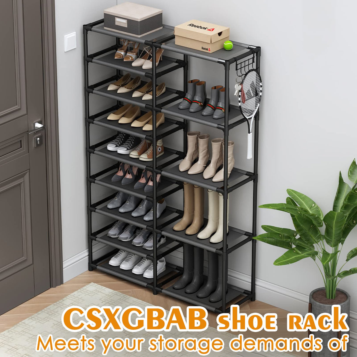 CSXGBAB Tall Garage Shoe Rack Large Capacity,Two Rows Versatile Hooks Storage Boot Shelf Black 24-35 Pairs CSXGBAB