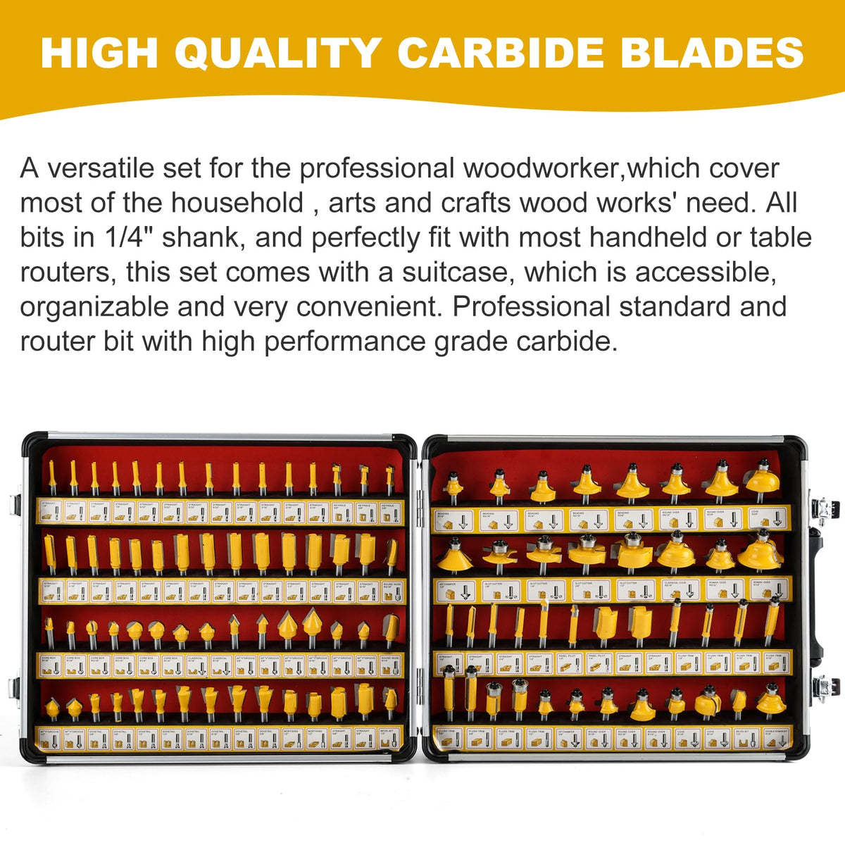 Yueqing Zhongji 100-Piece Router Bit Set 1/4" Shank 100Pcs Expert Router Bit Kit. Tungsten Carbide Router Bits for Woodworking 1/4 Router bit Set Yueqing Zhongji