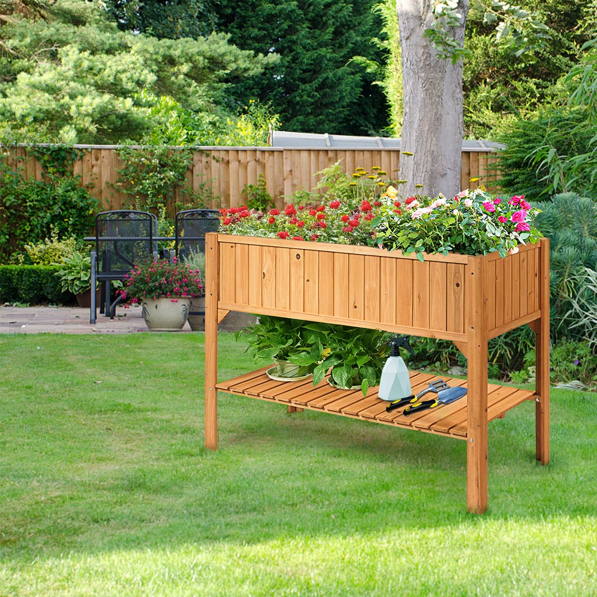 COSTWAY Raised Garden Bed, Wood Planter Box with Storage Shelf and for Vegetables, Flowers & Herbs, 2-Tier Elevated Garden Planter Bed for Backyard, - WoodArtSupply