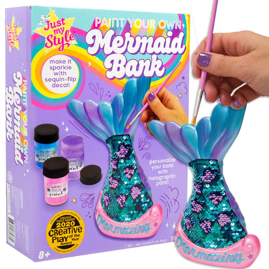 Just My Style Paint Your Own Mermaid Bank by Horizon Group USA. Paint & Decorate Your Own Coin Bank with Color Changing Sequin Decal & Metallic - WoodArtSupply